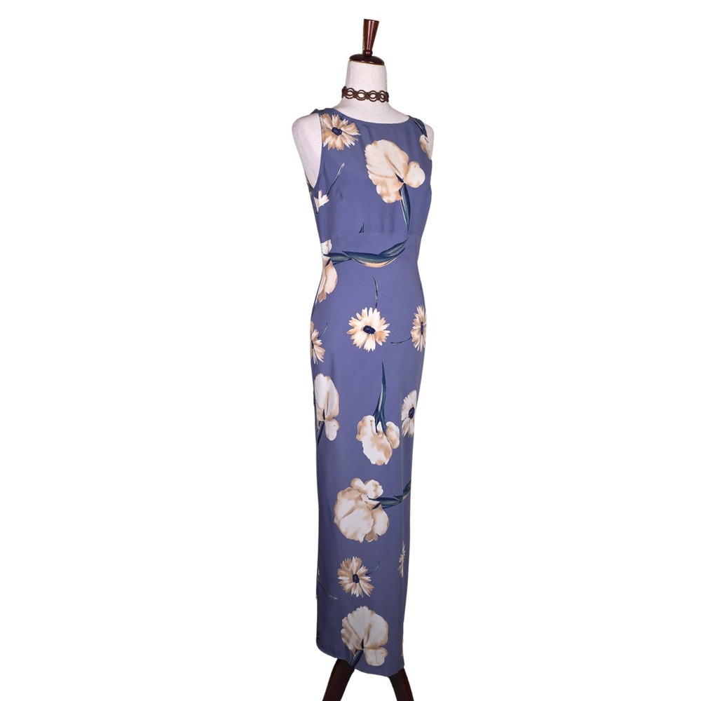 VTG 90s Maxi Dress Size S Blue Floral Bias Cut Grunge Indie Fairy Side Slit